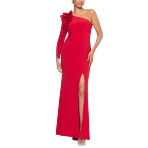 XSCAPE One Shoulder Long Sleeve Evening Gown Colorful Red Size 12P Formal Dress